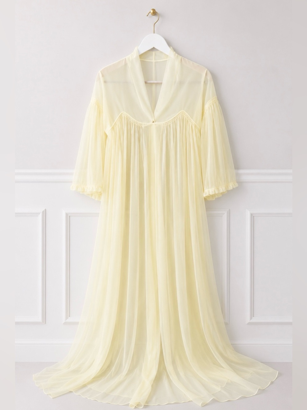 Vintage Woman's Vanity Fair Sheer Chiffon Flowing Long Robe in Soft Yellow